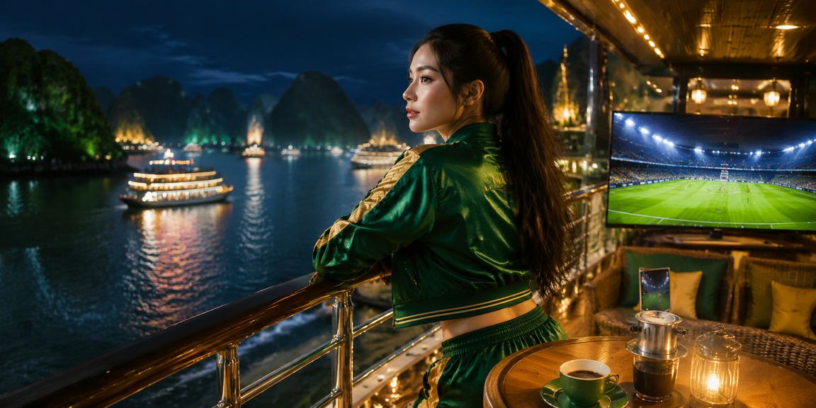 Người chơi thưởng thức cà phê trên vịnh Hạ Long trong khi đăng nhập tài khoản k200 trên điện thoại