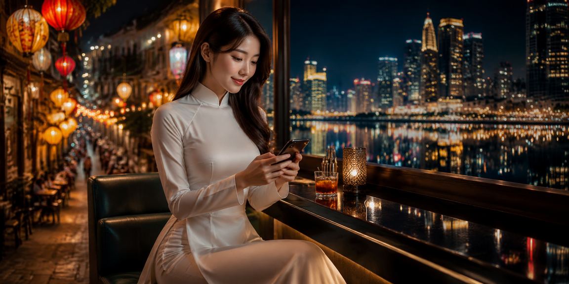 Phụ nữ mặc áo dài tại Hà Nội sử dụng điện thoại để kiểm tra tài khoản cá cược thể thao